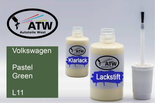 Volkswagen, Pastel Green, L11: 20ml Lackstift + 20ml Klarlack - Set, von ATW Autoteile West.